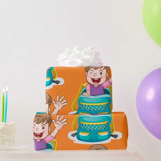 Jongen in rugzak Waving Fun School Kind Cadeaupapier