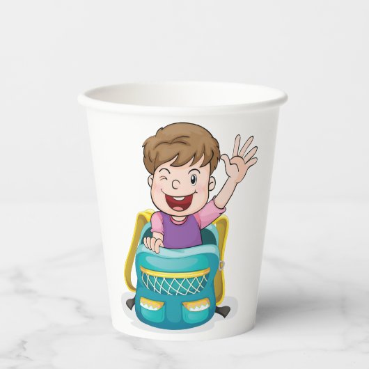 Jongen in rugzak Waving Fun School Kind Papieren Bekers (Voorkant)