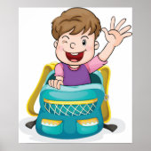 Jongen in rugzak Waving Fun School Kind Poster (Voorkant)