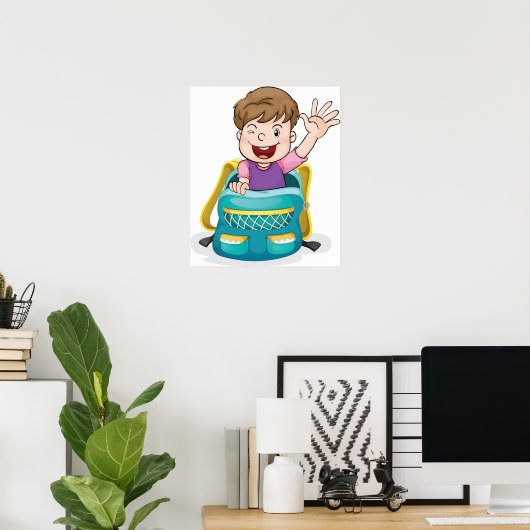 Jongen in rugzak Waving Fun School Kind Poster (Thuiskantoor)