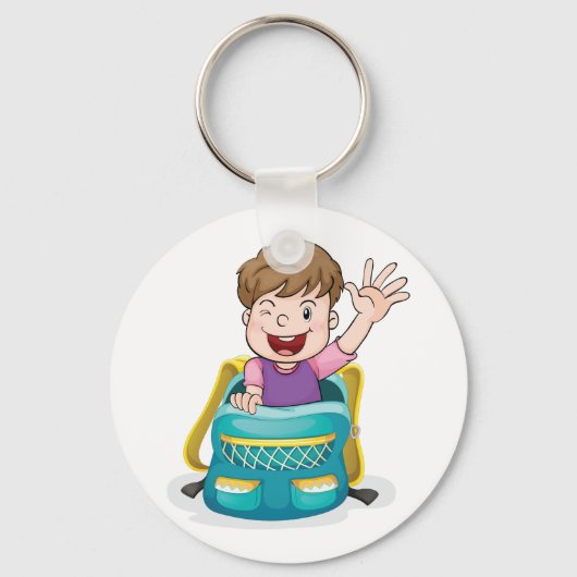 Jongen in rugzak Waving Fun School Kind Sleutelhanger (Voorkant)