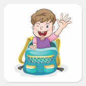 Jongen in rugzak Waving Fun School Kind Vierkante Sticker (Voorkant)