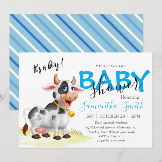 Jongen koe Baby shower Blauwe Uitnodiging (Voorkant / Achterkant)