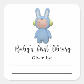 Jongen konijn - Baby Shower-boekplaat, boeken voor Vierkante Sticker