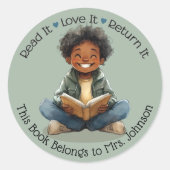 Jongen Lezen Leraar Klaslokaal Bibliotheek Labels (Voorkant)