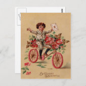Jongen Mail Roze Bloem Fiets Verjaardag Briefkaart (Voorkant / Achterkant)