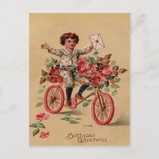 Jongen Mail Roze Bloem Fiets Verjaardag Briefkaart (Voorkant)