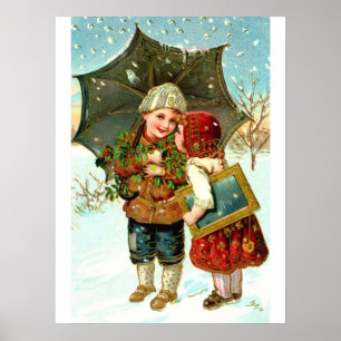 Jongen, meisje en paraplu poster