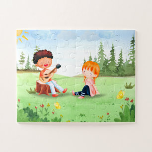 Jongen & Meisje Tuin Kleurrijke Kunst voor Kindere Legpuzzel