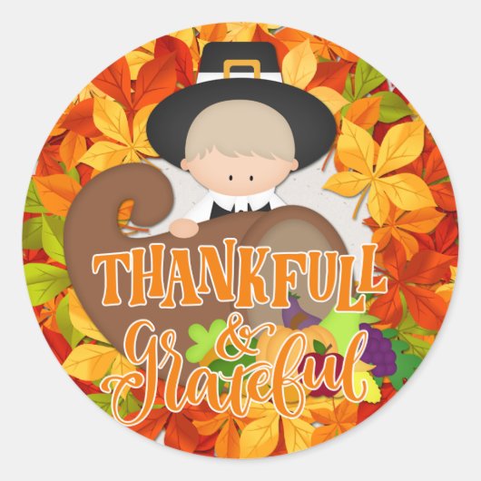 Jongen met Cornucopia - Thankful & Grateful Ronde Sticker (Voorkant)