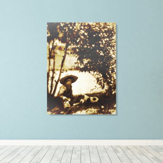  jongen met een hond op het rustcanvas afdrukken (Insitu (Houten vloer))