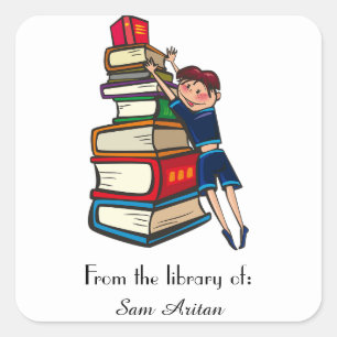 Jongen met een stapel boeken Bookplate Vierkante Sticker
