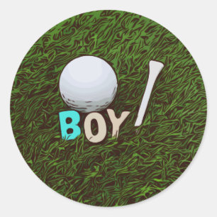 Jongen met golfbal en t-shirt op gras Sticker