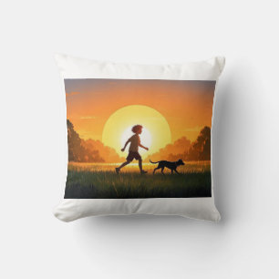 Jongen met hond bij zonsondergang kussen