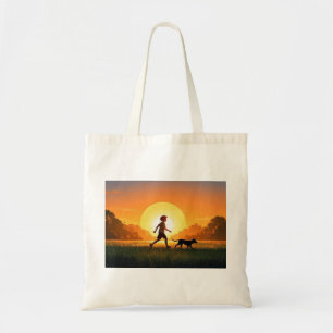 Jongen met hond bij zonsondergang tote bag