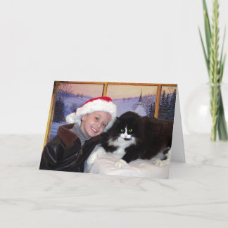Jongen met kat bij Kerstmis Feestdagen Kaart