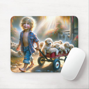 Jongen met rode wagen en golden retriever Puppies Muismat