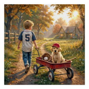 Jongen met rode wagen en gouden retriever pup perfect poster