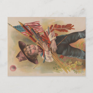 Jongen met Vuurwerk, Amerikaanse Vlag, Patriottisc Briefkaart