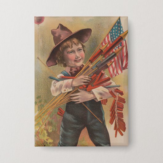 Jongen met Vuurwerk, Amerikaanse Vlag, Patriottisc Button (Voorkant)