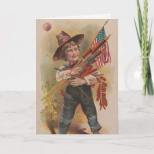 Jongen met Vuurwerk, Amerikaanse Vlag, Patriottisc Kaart