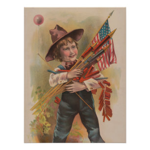 Jongen met Vuurwerk, Amerikaanse Vlag, Patriottisc Perfect Poster