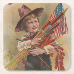 Jongen met Vuurwerk, Amerikaanse Vlag, Patriottisc Vierkante Kartonnen Onderzetter