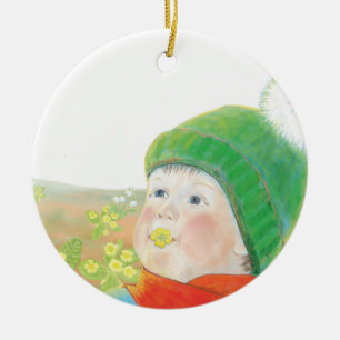 Jongen met wilde primroses keramisch ornament