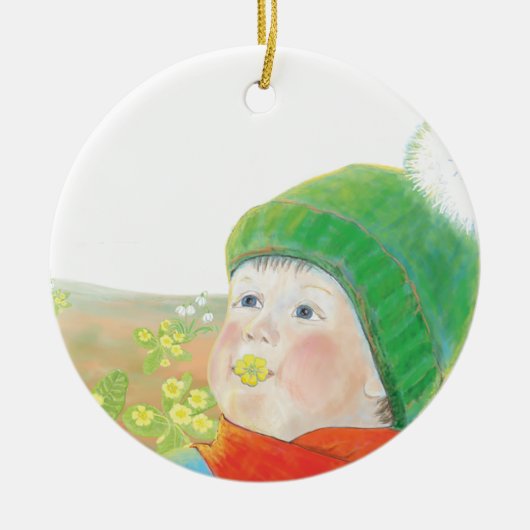 Jongen met wilde primroses keramisch ornament (Voorkant)