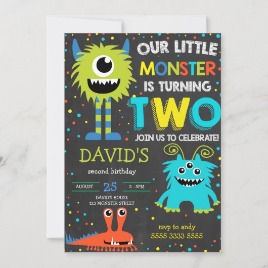 Jongen Monster 2e Verjaardag Little Monster Chalk Kaart (Voorkant)