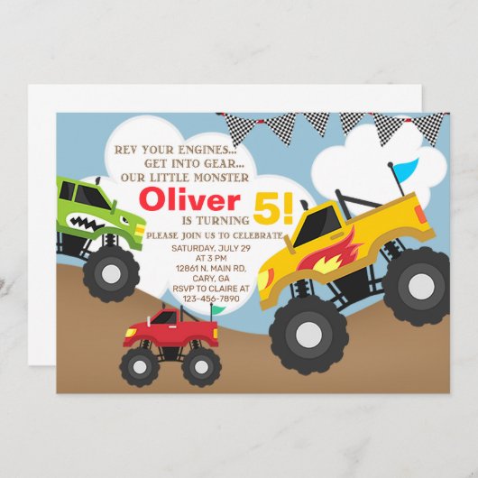 Jongen monstertrucks verjaardagsuitnodiging. uitno kaart (Voorkant / Achterkant)