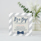 Jongen Navy Blue Bow Stropdas Grey Stripes Baby sh Kaart (Staand voorkant)