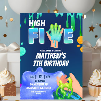 Jongen Neon Blauw Groen Slijm High Five Uitnodigin Kaart