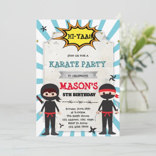 Jongen ninja karate verjaardagsfeestje uitnodiging (Staand voorkant)