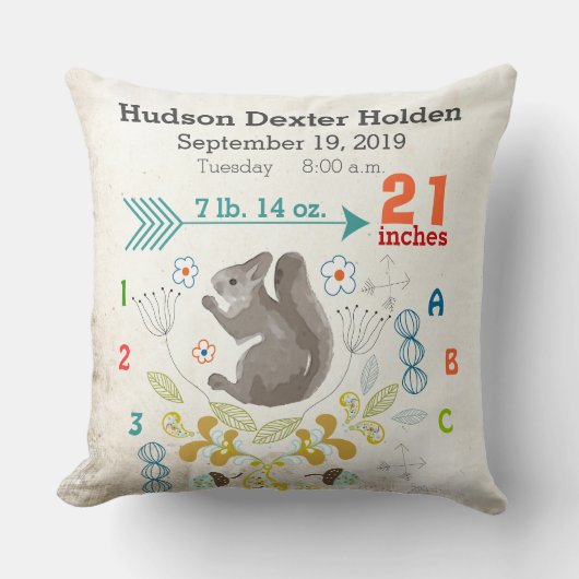 Jongen Nursery Baby Birth Stat Squirrel Arrow Patr Kussen (Voorkant)