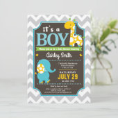 Jongen olifant en Giraffe Baby shower Uitnodiging (Staand voorkant)
