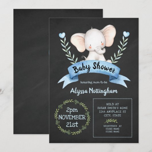 Jongen olifant krijtbord baby shower uitnodiging (Voorkant / Achterkant)