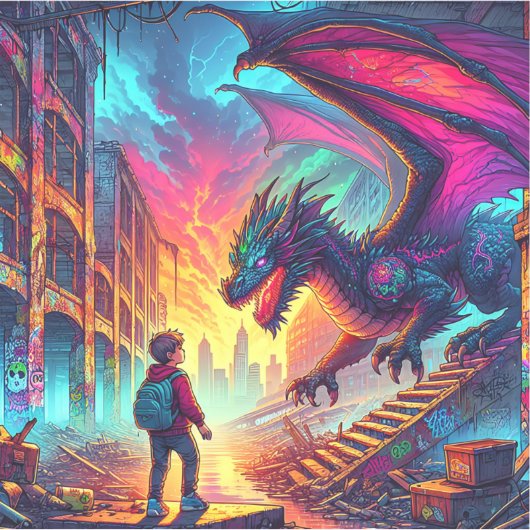 Jongen ontmoet een draak in een dystopische wereld sticker (Voorkant)