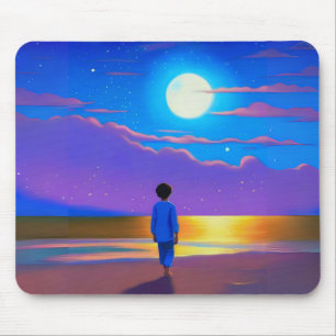 Jongen op het strand, staren naar de maan muismat