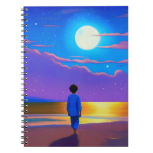 Jongen op het strand, staren naar de maan notitieboek