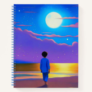 Jongen op het strand, staren naar de maan notitieboek