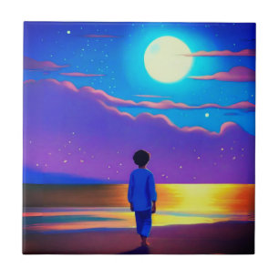 Jongen op het strand, staren naar de maan tegeltje