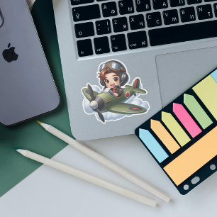 Jongen Piloot vliegt met Vintage Vliegtuig in Wolk Sticker