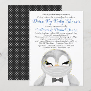 Jongen Pinguïn met Masker Drive By Baby Shower Kaart