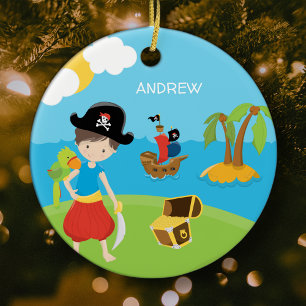 Jongen Pirate met Treasure en Parrot kerst Keramisch Ornament