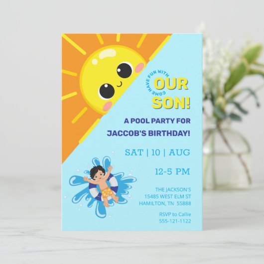 Jongen Pool Party Birthday Invitation Kaart (Staand voorkant)