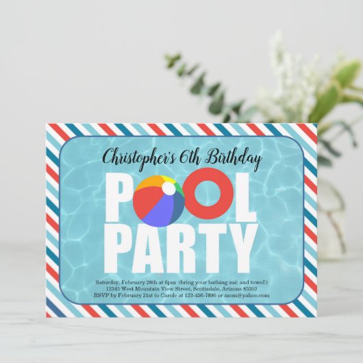 Jongen Pool Party Verjaardagsfeestje Uitnodiging (Staand voorkant)