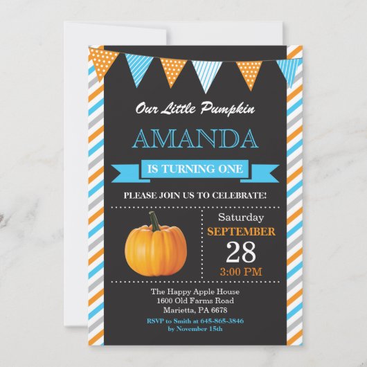 Jongen Pumpkin Birthday Invitation Sinaasappel en Kaart (Voorkant)