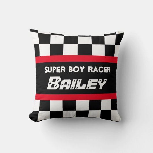 Jongen racer red black-checkered flag name pillow kussen (Voorkant)