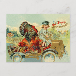 Jongen rijdt een kalkoen in een klassieke auto, th briefkaart